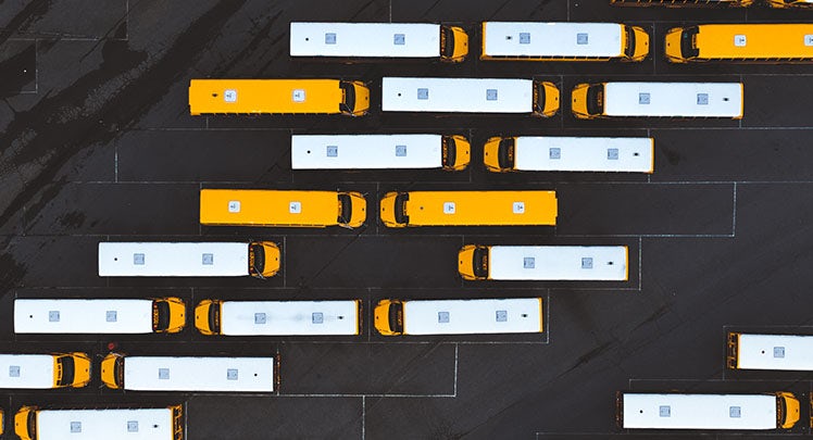 A group of yellow school buses parked in a parking lot.