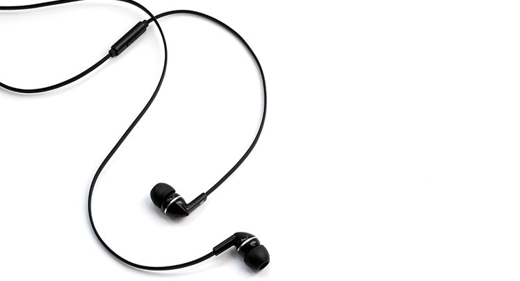 A pair of earphones on a white background.