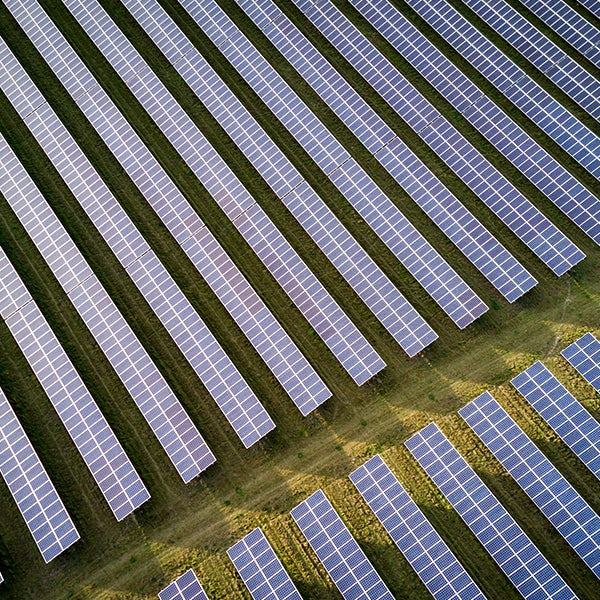 An aerial view of solar panels in a field.