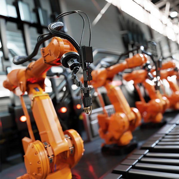 A line of orange robots in a factory.
