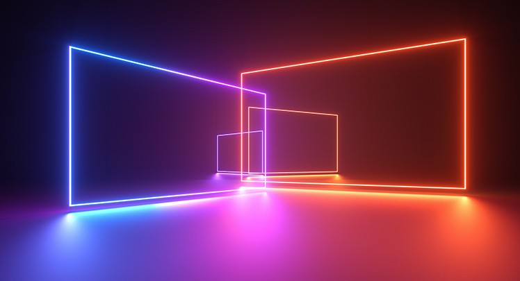 Neon lights in the shape of a square on a black background.